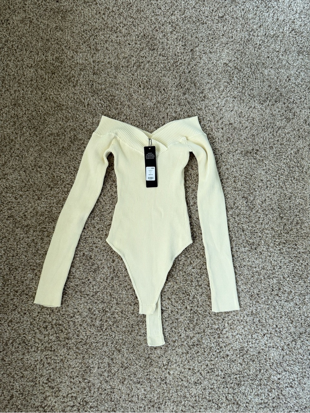 Fashion Nova Off-Shoulder Ribbed Long-Sleeve Bodysuit - Cream